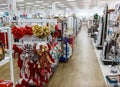 Miami, Florida/USA - 12/02/2019: Walmart decorated for Christmas. Merchandises for New year decoration. Rows with products