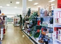 Miami, Florida/USA - 12/02/2019: Walmart decorated for Christmas. Merchandises for New year decoration. Rows with products