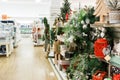 Miami, Florida/USA - 12/02/2019: Walmart decorated for Christmas. Merchandises for New year decoration. Rows with products