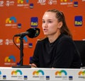 Elena Rybakina of Kazakhstan during press conference after loss in the women's singles final match at 2023 Miami Open