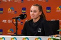 Elena Rybakina of Kazakhstan during press conference after loss in the women's singles final match at 2023 Miami Open