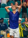 Professional tennis player Carlos Alcaraz of Spain celebrates victory after his semifinal match at 2022 Miami Open