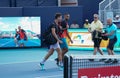 Australian tennis players Nick Kyrgios L and Thanasi Kokkinakis in action during 2022 Miami Open men`s doubles semifinal Royalty Free Stock Photo