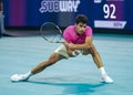 Carlos Alcaraz of Spain in action during quarter-final match against Taylor Fritz of United States at 2023 Miami Open