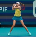 Elena Rybakina of Kazakhstan in action during semi-final match against Victoria Azarenka of Belarus at 2024 Miami Open