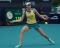 Elena Rybakina of Kazakhstan in action during semi-final match against Victoria Azarenka of Belarus at 2024 Miami Open