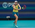 Elena Rybakina of Kazakhstan in action during semi-final match against Victoria Azarenka of Belarus at 2024 Miami Open