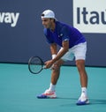 Francisco Cerundolo of Argentina in action during quarter-final match against Karen Khachanov of Russia at 2023 Miami Open