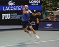 Grigor Dimitrov of Bulgaria in action during quarter-final match against Carlos Alcaraz of Spain at 2024 Miami Open