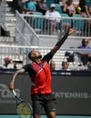 Professional tennis player Nick Kyrgios of Australia in action during his 2022 Miami Open round of 16 match Royalty Free Stock Photo