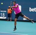 Tennis player Francisco Cerundolo of Argentina in action during his quarter-final match at 2022 Miami Open