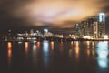 Miami night downtown. Bayside Miami Downtown MacArthur Causeway from Venetian Causeway. Royalty Free Stock Photo