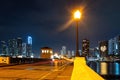 Miami night downtown, city Florida. Bayside Miami Downtown MacArthur Causeway from Venetian Causeway. Royalty Free Stock Photo