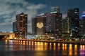 Miami night downtown, city Florida. Miami Florida at sunset, skyline of illuminated buildings and Macarthur Causeway Royalty Free Stock Photo