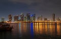 Miami night downtown, city Florida. Panoramic view of Miami skyline and coastline. Royalty Free Stock Photo