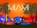 Colorful Miami Vector. Ocean Drive, Art Deco, Palms and Old Cars.