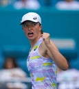 Miami Open 2022 champion Iga Swiatek of Poland in action during her final match against Naomi Osaka of Japan