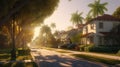 Miami quintessential streets with quaint houses, verdant lawns, and palm trees, AI-generated data