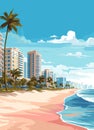 Miami resort city at sunset. Summer cityscape and sea shore with sand beach and palm trees, vector Royalty Free Stock Photo