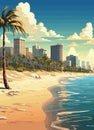 Miami resort city at sunset. Summer cityscape and sea shore with sand beach and palm trees, vector Royalty Free Stock Photo