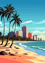 Miami resort city at sunset. Summer cityscape and sea shore with sand beach and palm trees, vector Royalty Free Stock Photo