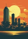 Miami resort city at sunset. Summer cityscape and sea shore with sand beach and palm trees, vector Royalty Free Stock Photo