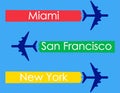 Miami, San Francisco, New York, plane, poster, banner, flyer, postcard, typography