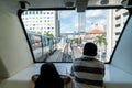 MIAMI - September 10, 2019: The fully automated Miami downtown train system with the city in the background. Father and