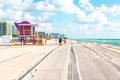 Miami - September 11, 2019: South beach in Miami with lifeguard hut in Art deco style