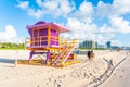 Miami - September 11, 2019: South beach in Miami with lifeguard hut in Art deco style