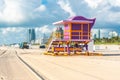 Miami - September 11, 2019: South beach in Miami with lifeguard hut in Art deco style