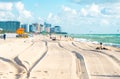 Miami - September 11, 2019: Wide South beach in Miami with lifeguard hut in Art deco style