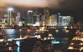 Miami skyline. Miami Florida at sunset, skyline of illuminated buildings and Macarthur Causeway bridge. Royalty Free Stock Photo