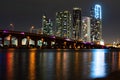 Miami skyline panorama with urban skyscrapers. Miami night downtown, city Florida. Royalty Free Stock Photo