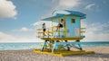 Miami south beach Florida, couple by lifeguard hut during Sunrise Miami Beach Royalty Free Stock Photo