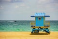Miami South Beach lifeguard tower and coastline with cloud and blue sky. Miami Beach, Florida. Royalty Free Stock Photo