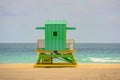 Miami South Beach lifeguard tower and coastline with cloud and blue sky. Sunny day in Miami beach. Royalty Free Stock Photo