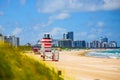 Miami South Beach lifeguard tower and coastline with cloud and blue sky. Travel location ocean concept. Royalty Free Stock Photo