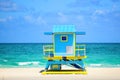 Miami South Beach skyline. Lifeguard tower in colorful Art Deco style and Atlantic Ocean at sunshine. Royalty Free Stock Photo