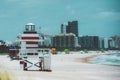 Miami South Beach skyline. Lifeguard tower in colorful Art Deco style and Atlantic Ocean at sunshine. Lifeguard Post on Royalty Free Stock Photo