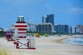 Miami South Beach skyline. Lifeguard tower in colorful Art Deco style and Atlantic Ocean at sunshine. Lifeguard Post on Royalty Free Stock Photo