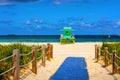 Miami South Beach skyline. Lifeguard tower in colorful Art Deco style and Atlantic Ocean at sunshine. Sunny summer day Royalty Free Stock Photo
