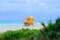 Miami South Beach skyline. Lifeguard tower in colorful Art Deco style and Atlantic Ocean at sunshine. Travel holiday Royalty Free Stock Photo