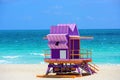 Miami South Beach skyline. Lifeguard tower in colorful Art Deco style and Atlantic Ocean at sunshine. World famous Royalty Free Stock Photo