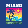 Miami Summertime - Badge Design For T-shirt. Logo In Vintage Style. Summer, Sun, Palm Tree, Sea Wave. Vector Illustration.