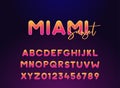 Miami sunset lettering typography round alphabet. Vector font for summer, night, clubbing events