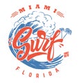 Miami surf. Emblem template with waves and palms. Design element for poster, card, banner, sign, emblem.