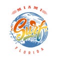 Miami surf. Emblem template with waves and palms. Design element for poster, card, banner, sign, emblem.