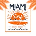 Miami surf logo for t-shirt and apparel, vintage vector design with palms Royalty Free Stock Photo