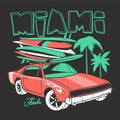 Miami typography for t-shirt print and Retro car with surfboard